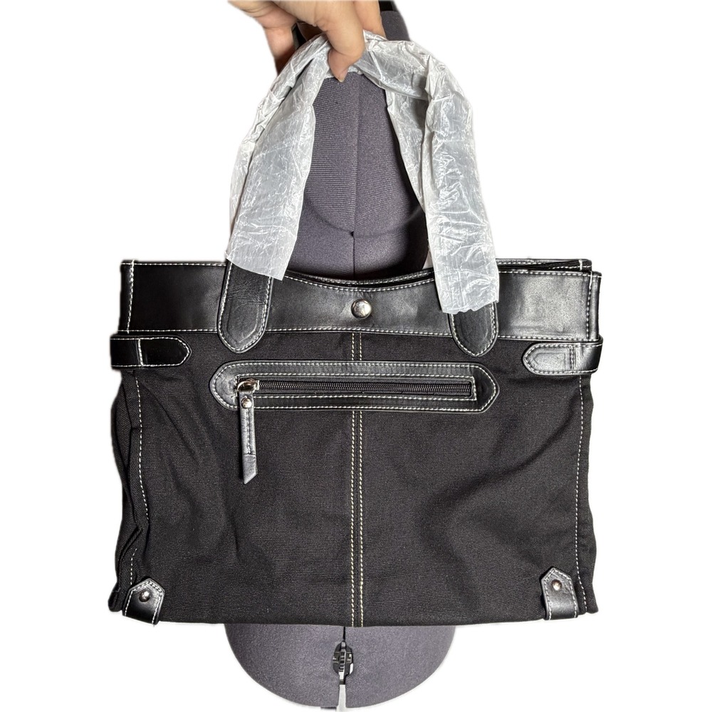 Vtg Y2K Black Canvas Faux Leather Trim  Tote Bag Contrast Stitching Shoulder Bag